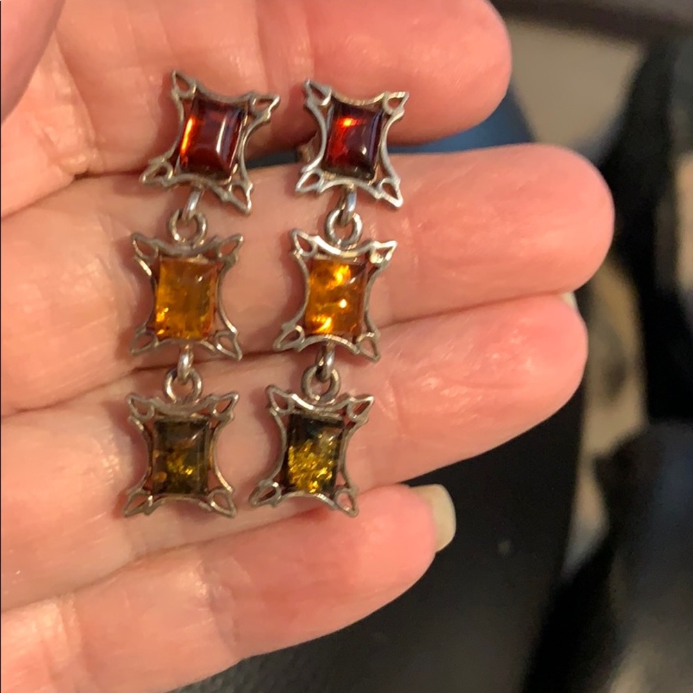 3different color amber earrings in sterling